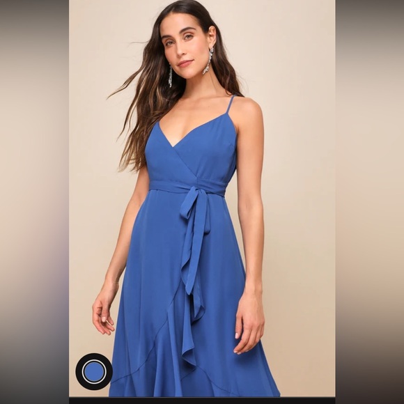 Blue Ruffled Midi Wrap Dress - Picture 7 of 8